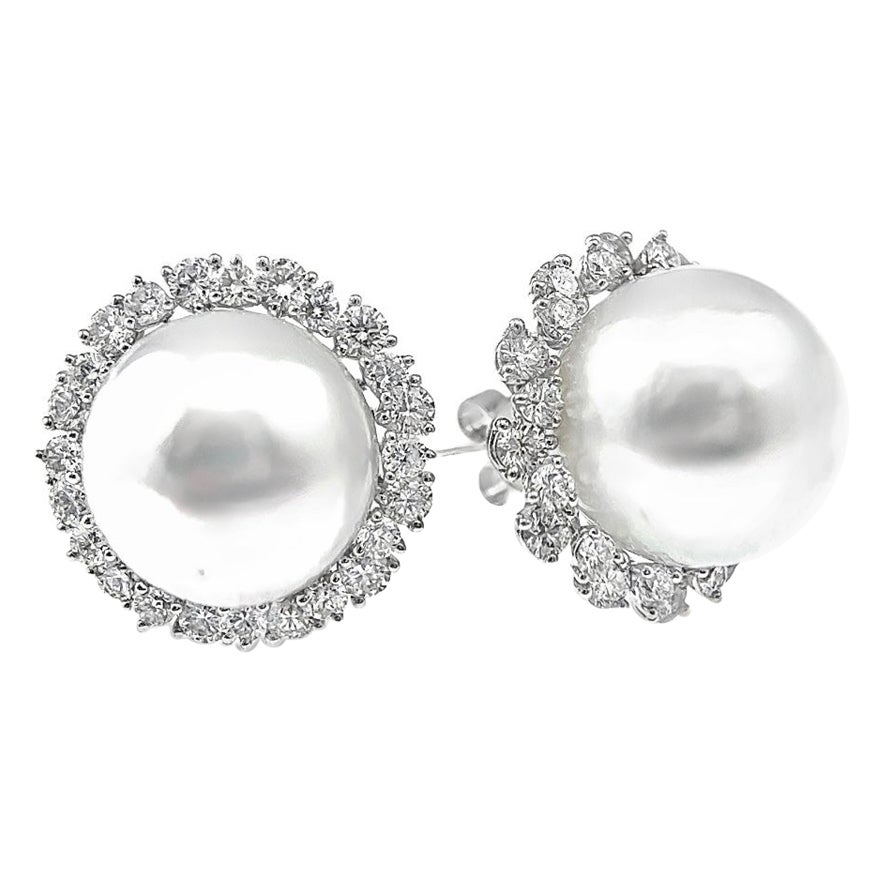 18K White Gold Australian White Pearl Earrings with Diamonds
