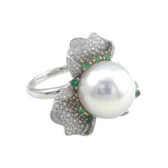 18K White Gold Australian White Pearl Diamond & Green Garnet Ring