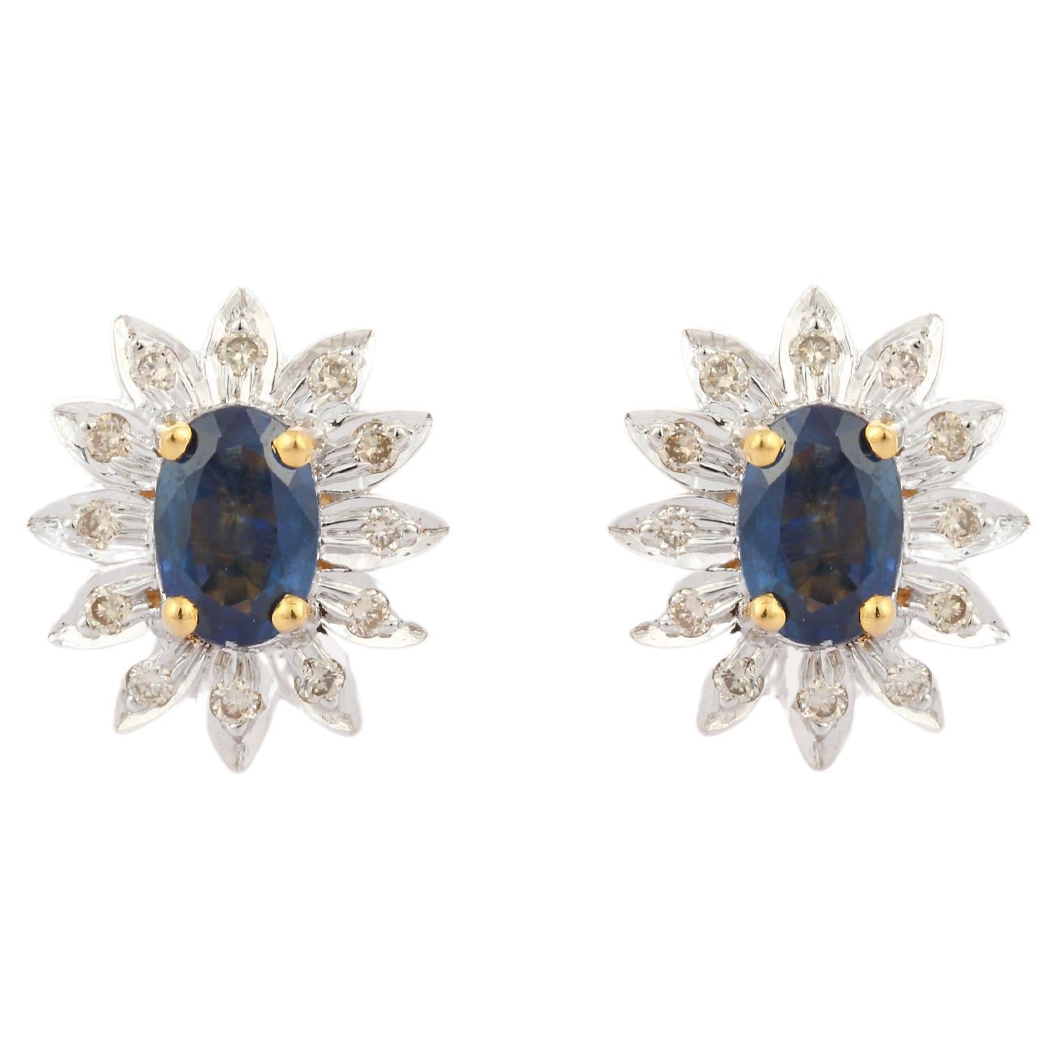 Zafiro azul natural y diamantes en forma de flor en oro amarillo macizo de 18 quilates