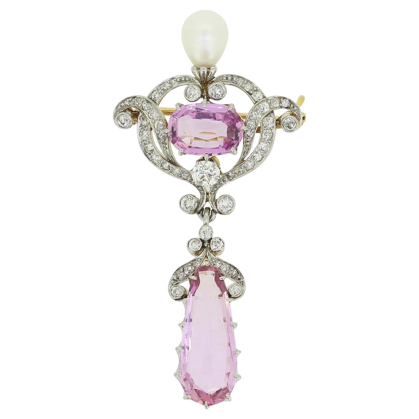 Edwardian Pink Topaz Pearl and Diamond Drop Brooch Pendant