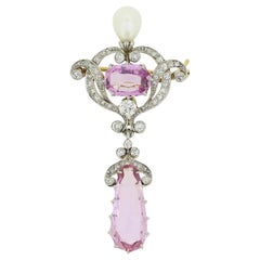 Edwardian Pink Topaz Pearl and Diamond Drop Brooch Pendant