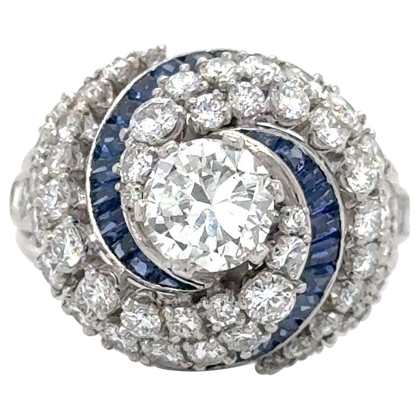 Art Deco Diamond & Sapphire Swirling Ballerina Ring Platinum 4.50 Carat
