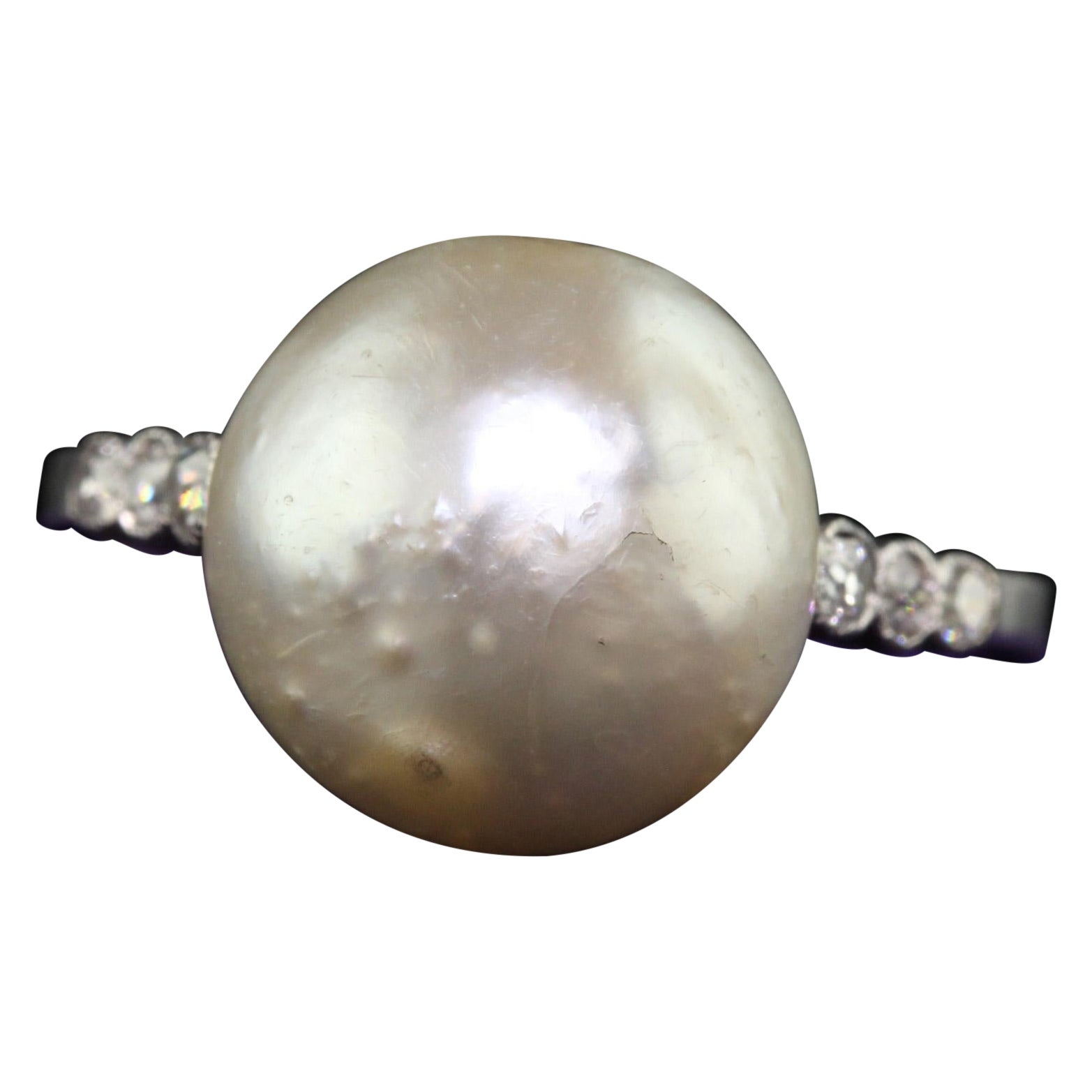 Bague de fiançailles Art déco ancienne en platine, perle naturelle et diamant - GIA