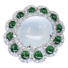 Used XL Certified 14.65 Cts Icy & Imperial Green Jade, Diamond Ring, Pendant. Two Use