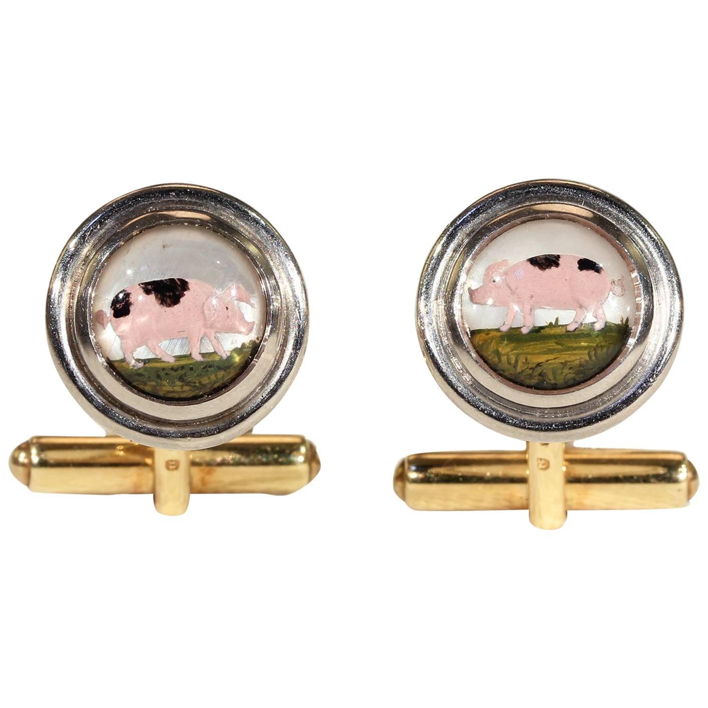 Theo Fennell Essex Crystal Pigs Gold Cufflink and Stud Set  For Sale