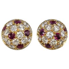 Retro Cartier Ruby Diamond Gold Stud Earrings