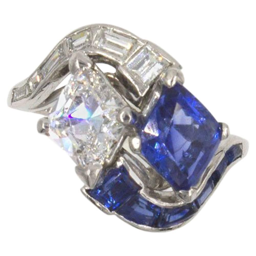 Art Deco Kite Shaped Diamond Sapphire Platinum Cocktail Ring