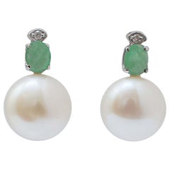 Pearls, Emeralds, Diamonds, 14 Karat White Gold Earrings.