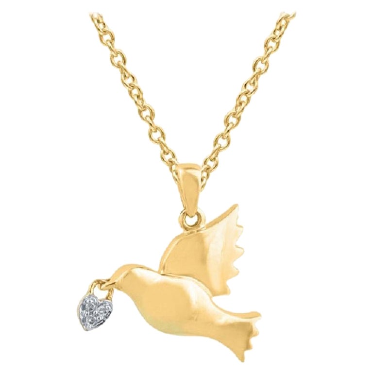 TJD 0,01 carati di diamante rotondo in oro giallo 14 Kt Ciondolo alla moda con piccione e lucchetto
