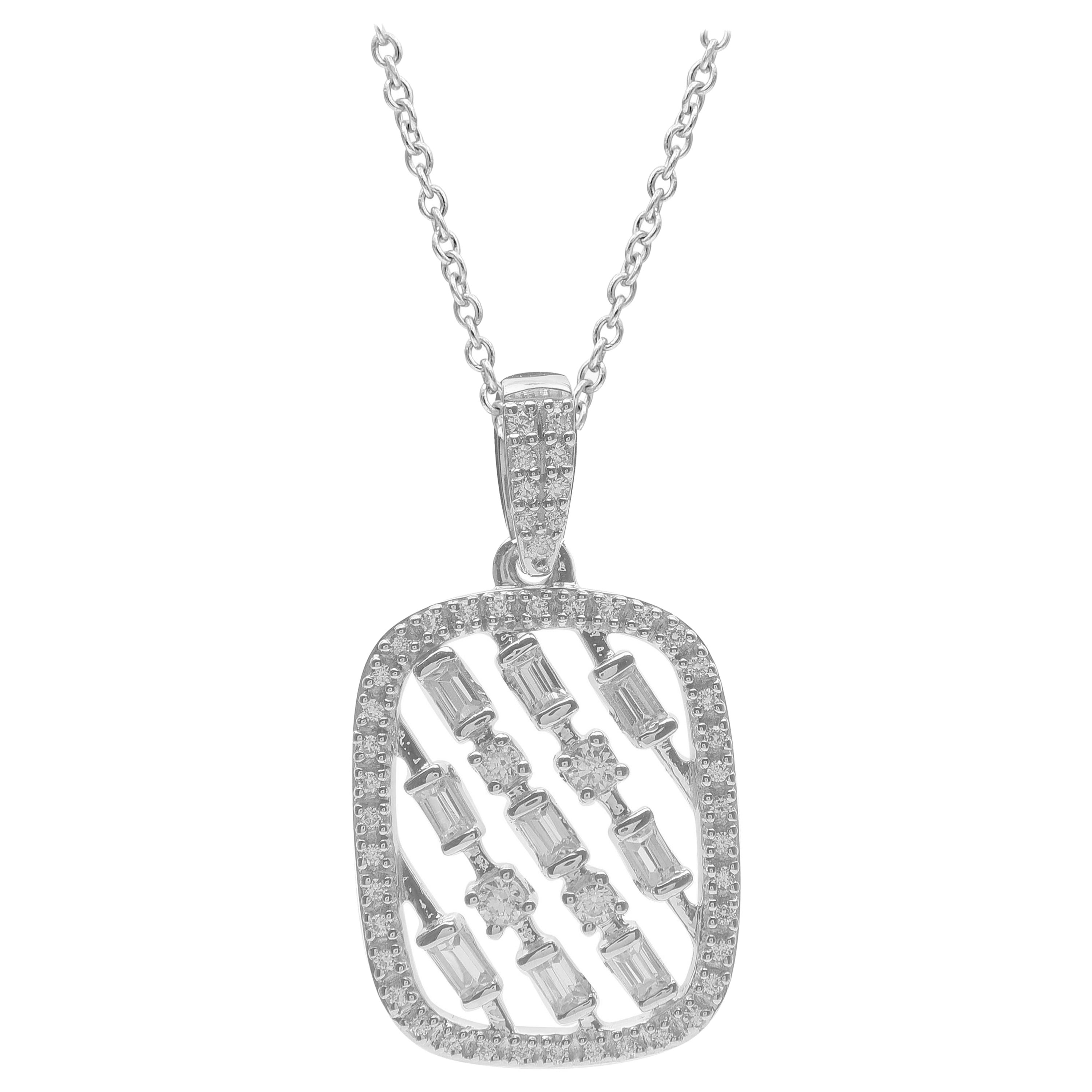 Pendentif à cadre coussin en or blanc 14 carats avec diamants ronds et baguettes TJD 0,25 carat