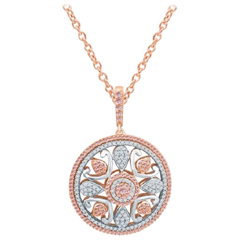 TJD 1 Carat Pink & White Diamond 14Karat Rose Gold Art Deco Style Circle Pendentif