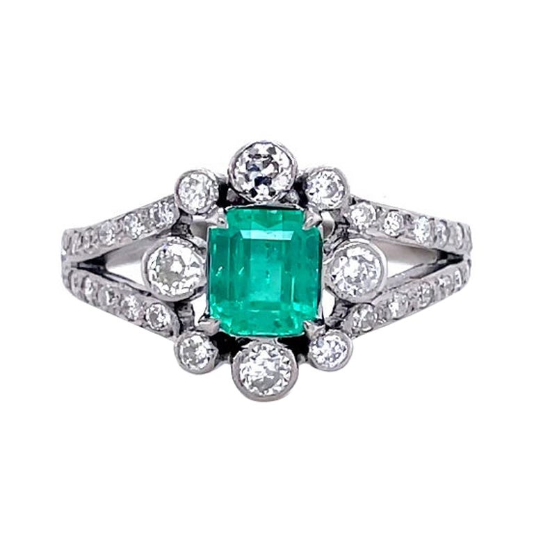 0.85 carat Columbian emerald and diamond 18 Karat White Gold Engagement Ring.