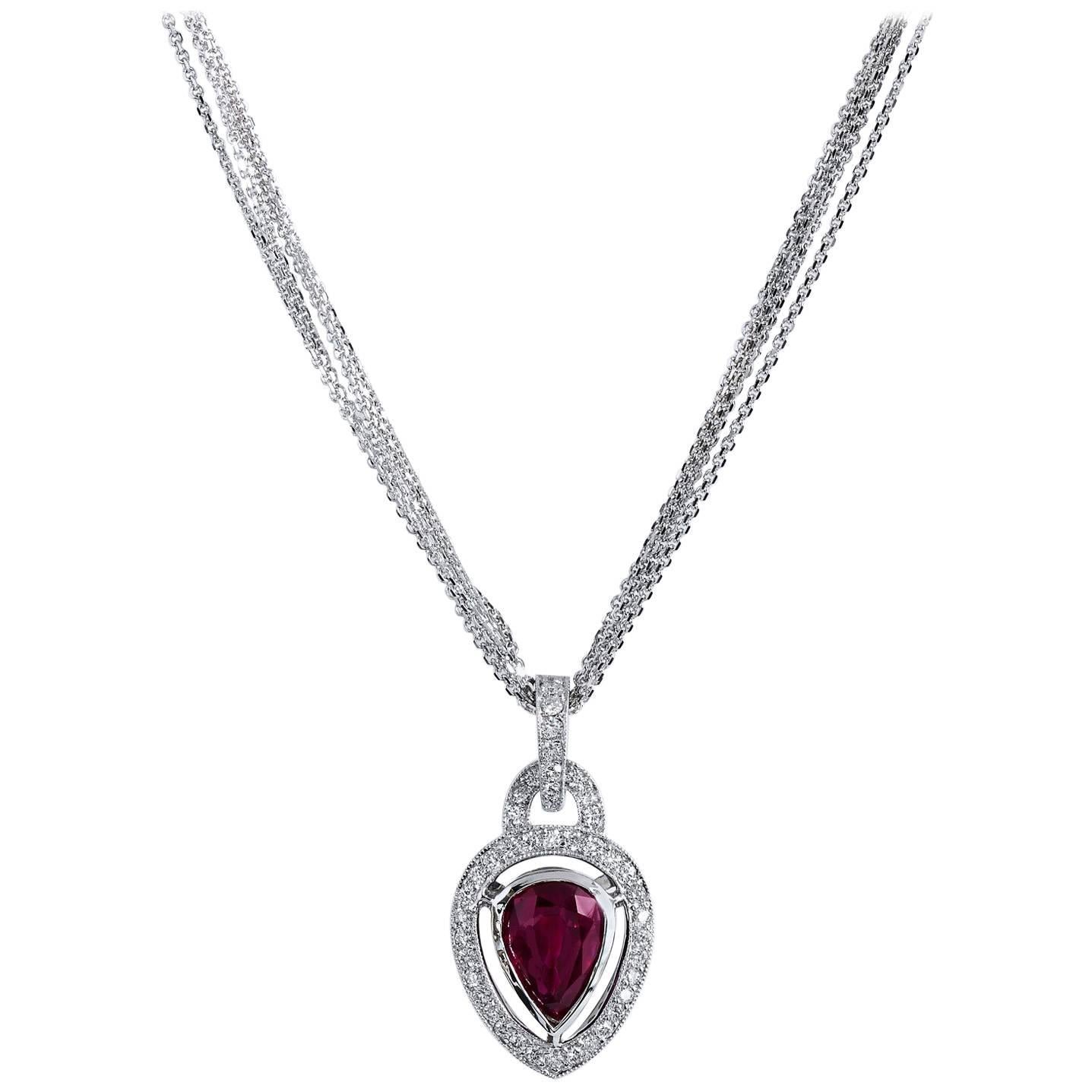 GIA Certified 2.00 Carat Pear Shaped Bezel Set Burmese Ruby Diamond Pendant For Sale