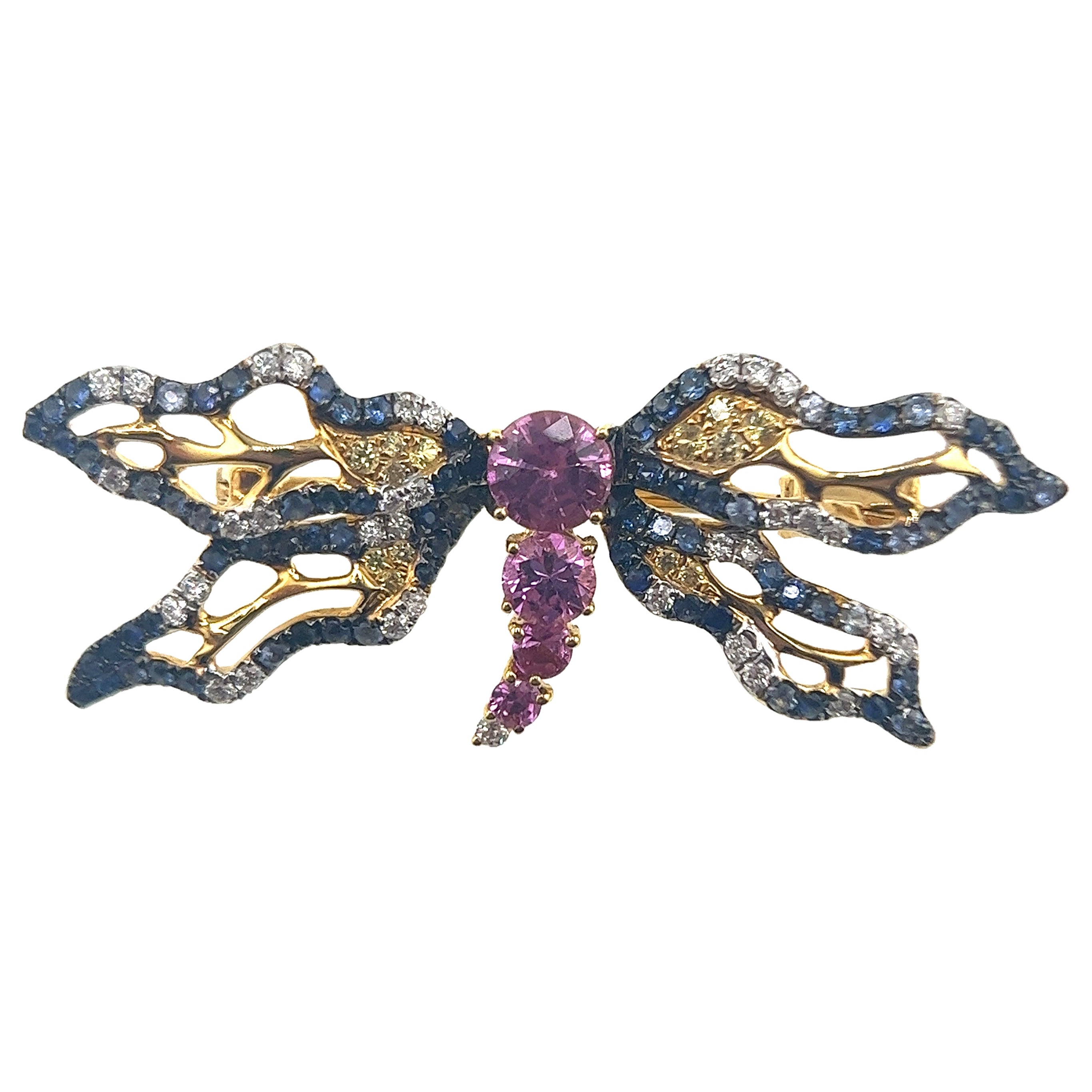 18K Yellow Gold Multi-Color Sapphire Dragonfly Brooch Pendant with Diamonds
