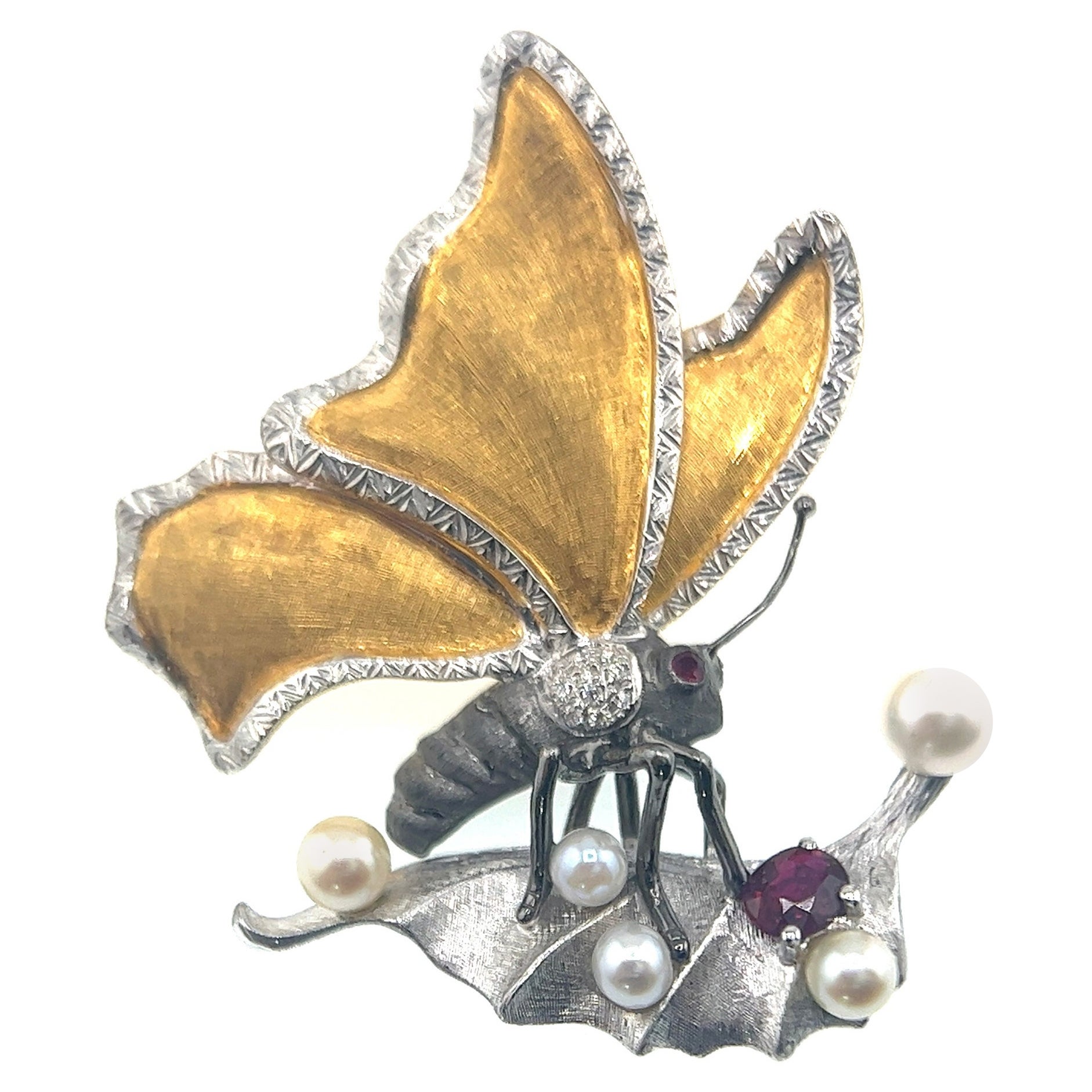 18K Gold Natural Ruby & Diamond Butterfly & Leaf Pendant Brooch