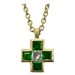 Vintage Tiffany & Co. Emerald And Diamond Cross 18k Yellow Gold Pendant Necklace