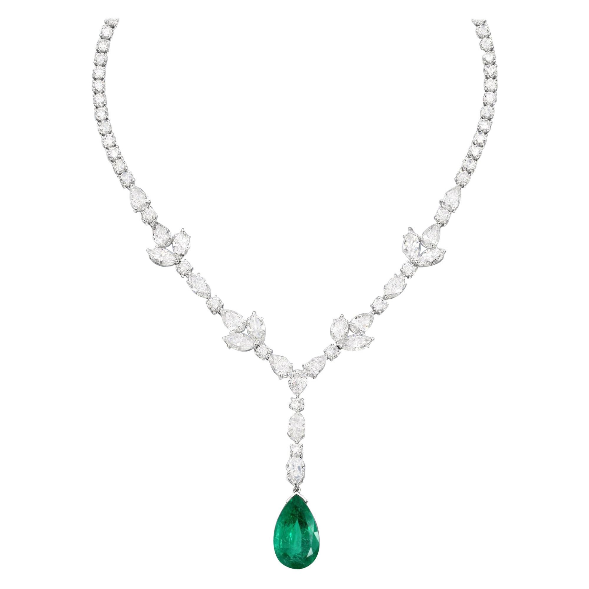GRS Certified 12 Carat Green Emerald  Pear Cut Minor Oil  Diamond Necklace