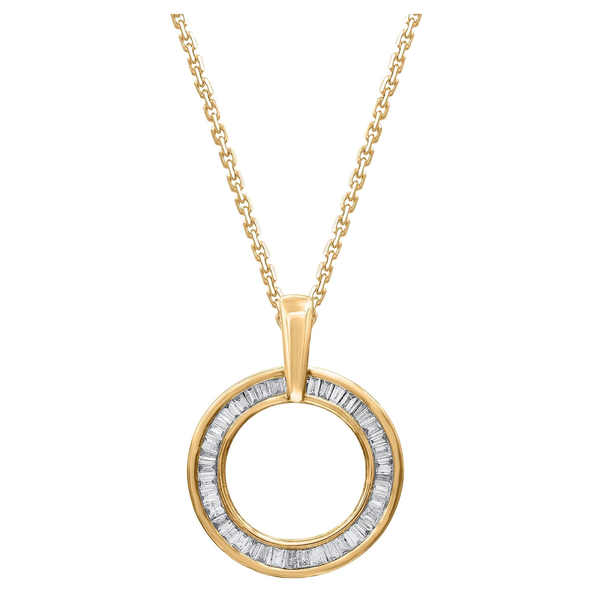 TJD - Collana con ciondolo a cerchio aperto in oro 14 carati con diamante taglio baguette da 0,33 carati