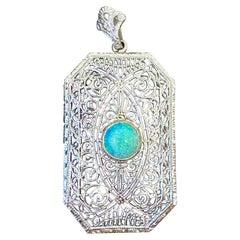 Art Deco Opal-Anhänger Lavalier-Halskette Filigran Weißgold Selten