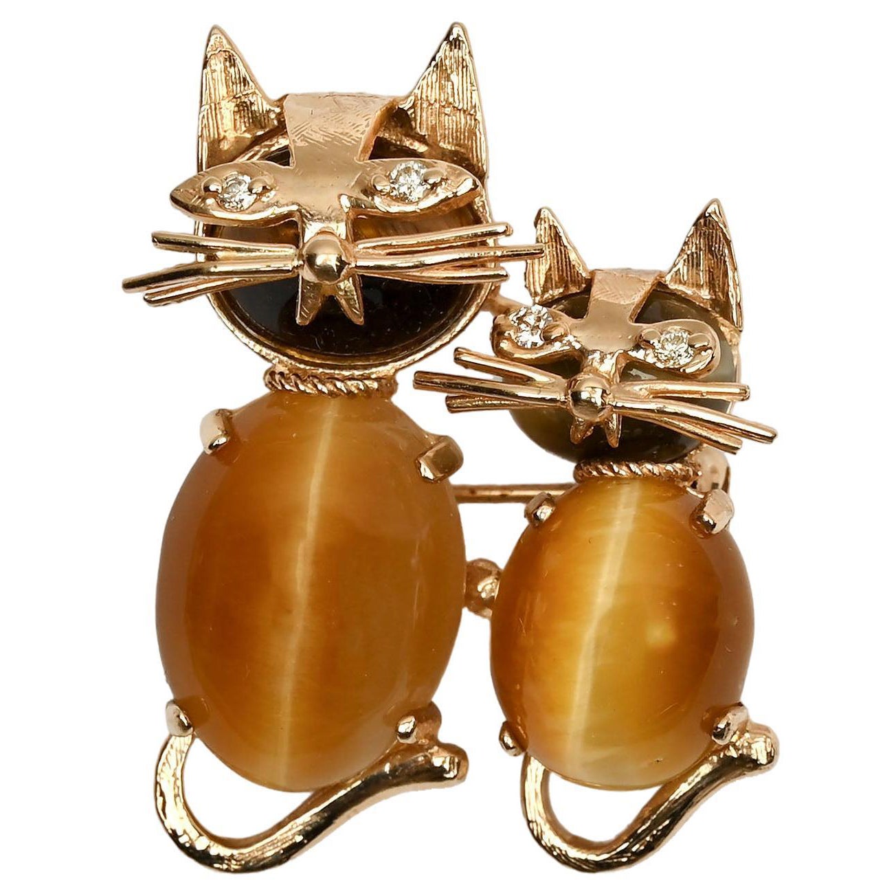 Gold Kittens Brooch with Cat's Eye Stones