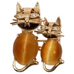 Gold Kittens Brooch with Cat's Eye Stones