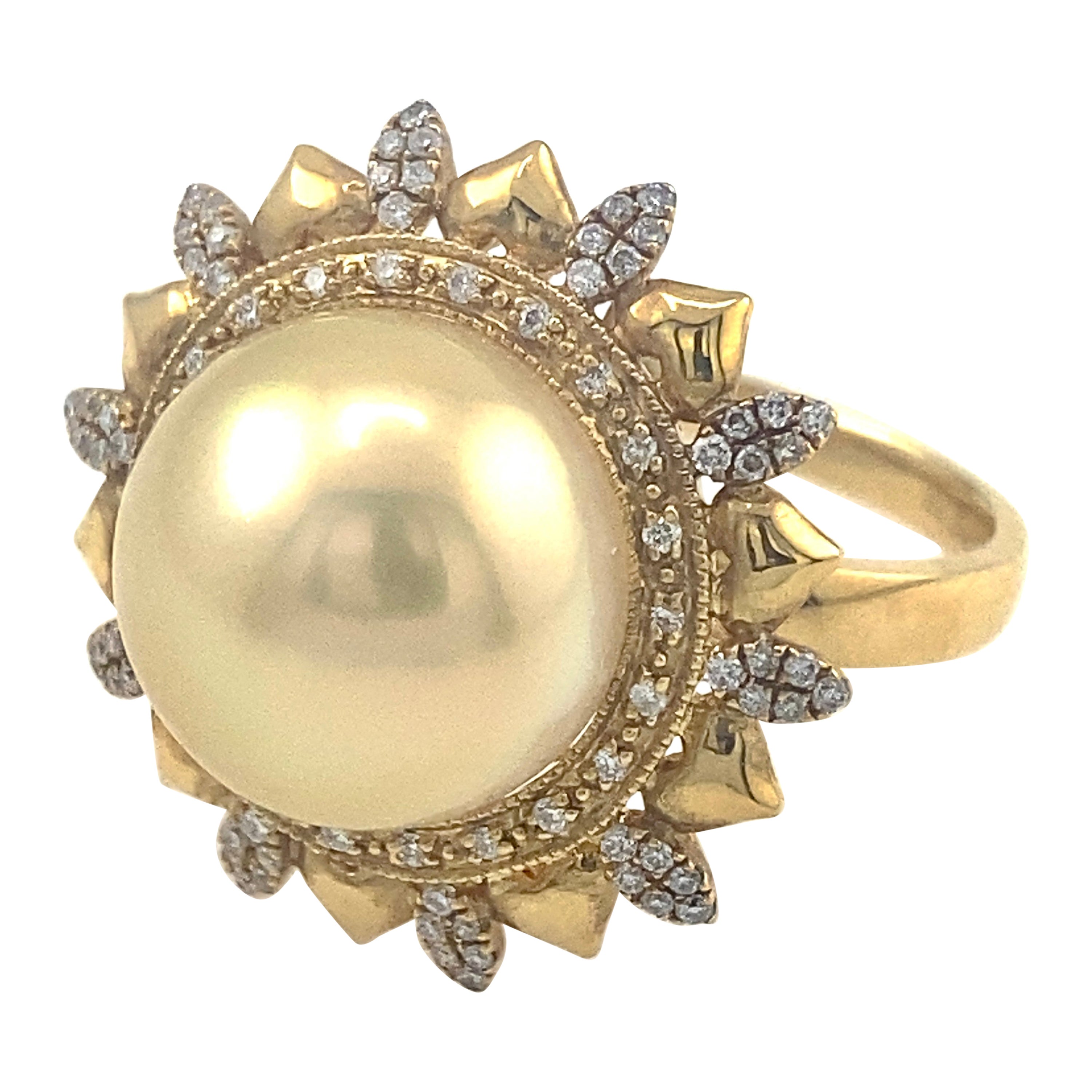 18 Karat Gelbgold 13 mm Südseeperlen-Goldperlenring mit Diamanten