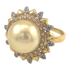 18 Karat Gelbgold 13 mm Südseeperlen-Goldperlenring mit Diamanten