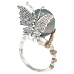 18K White Gold Black Pearl & Diamond Butterfly Ring