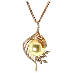 18K Yellow Gold South Sea Golden Pearl & Diamond Harp Pendant Necklace