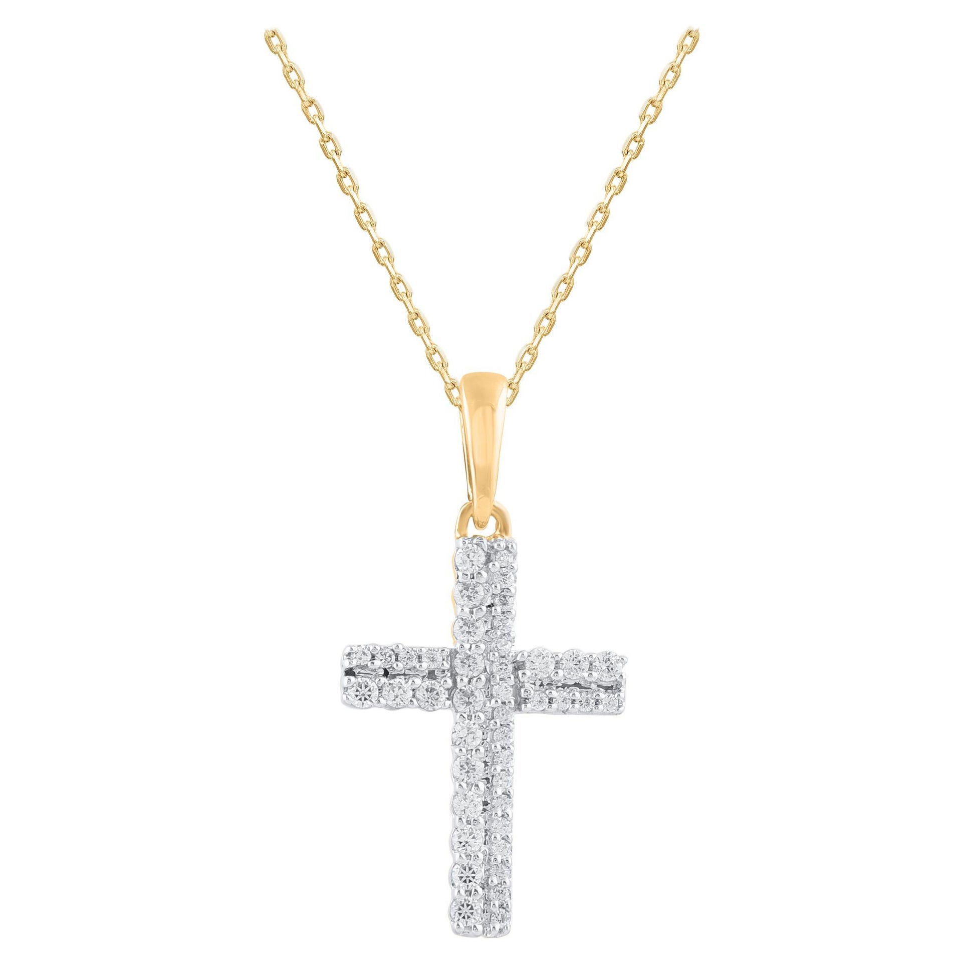 TJD 0.20 Carat Round Cut Diamond Cross Pendant Necklace in 14 Karat Yellow Gold For Sale