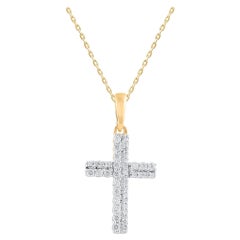 TJD 0.20 Carat Round Cut Diamond Cross Pendant Necklace in 14 Karat Yellow Gold