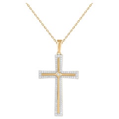 TJD 0.25 Carat Natural Diamond 14 Karat Yellow Gold Cross Pendant Necklace