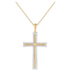 TJD 0.25 Carat Natural Diamond 18 Karat Yellow Gold Cross Pendant Necklace