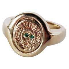 Emerald Crest Signet Ring Gold Victorian Style Memento Mori Rebirth