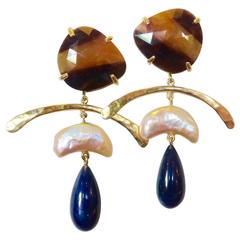 Banded Sapphire Cultured Pearl Blue Sapphire Gold Dangle Earrings