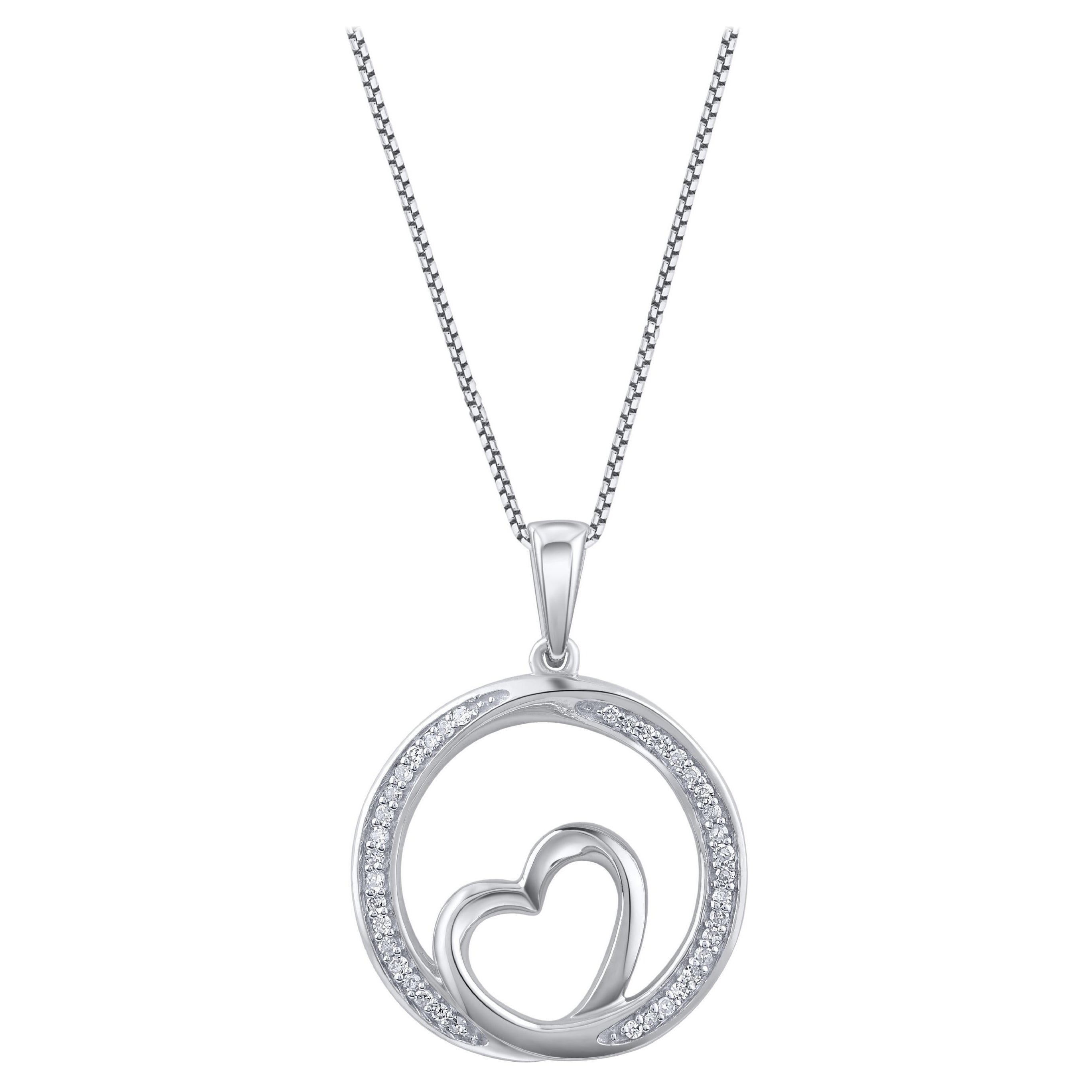 TJD 0.10 Carat Natural Diamond 14KT White Gold Heart in Circle Pendant Necklace
