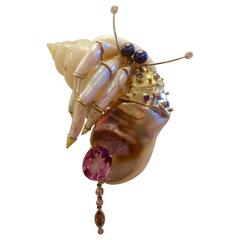 Keshi Pearl Pink Topaz Cognac Diamond gold Hermit Crab Shell Brooch 7