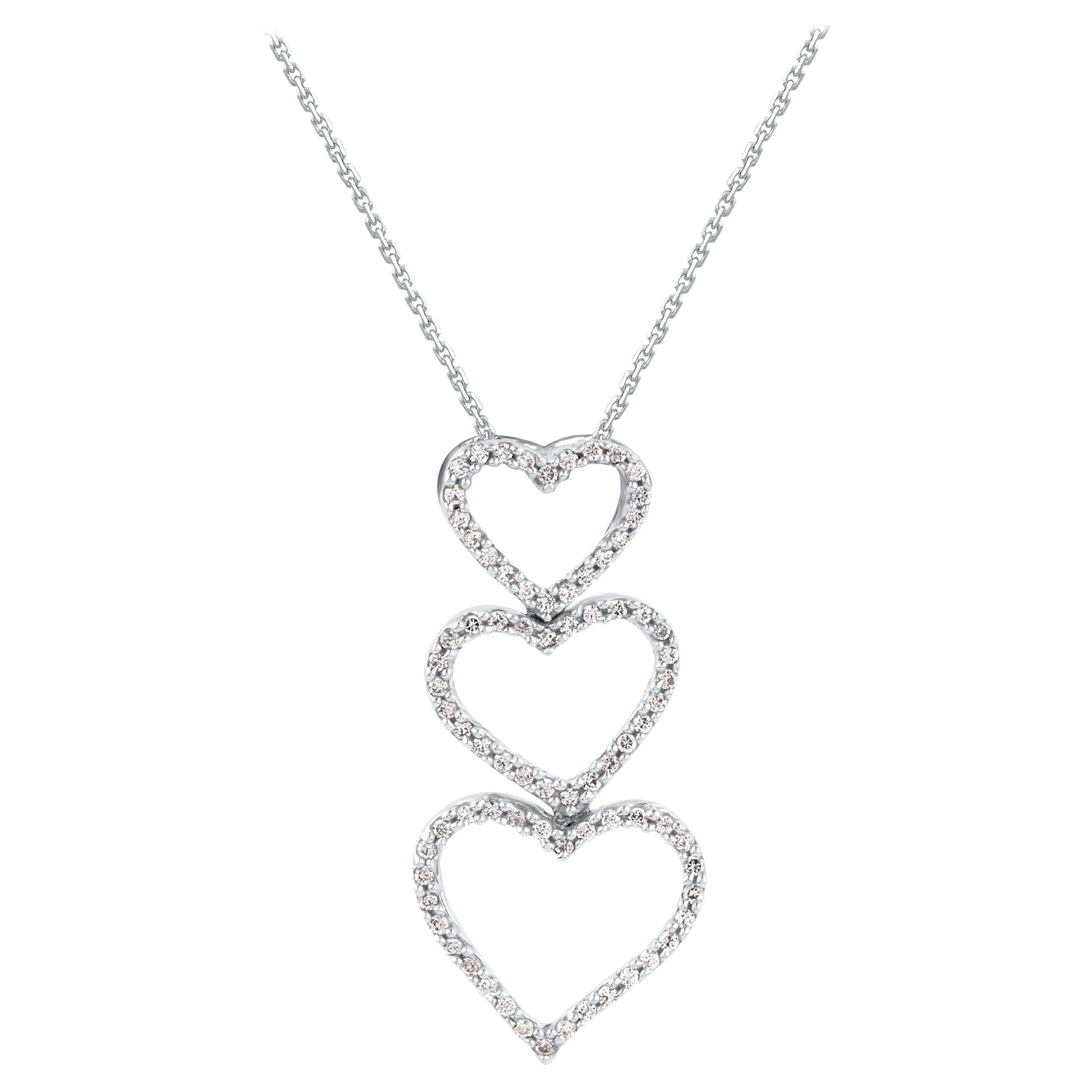 TJD 0.23 Carat Natural Diamond 14 Karat White Gold Linear Triple Heart Pendant