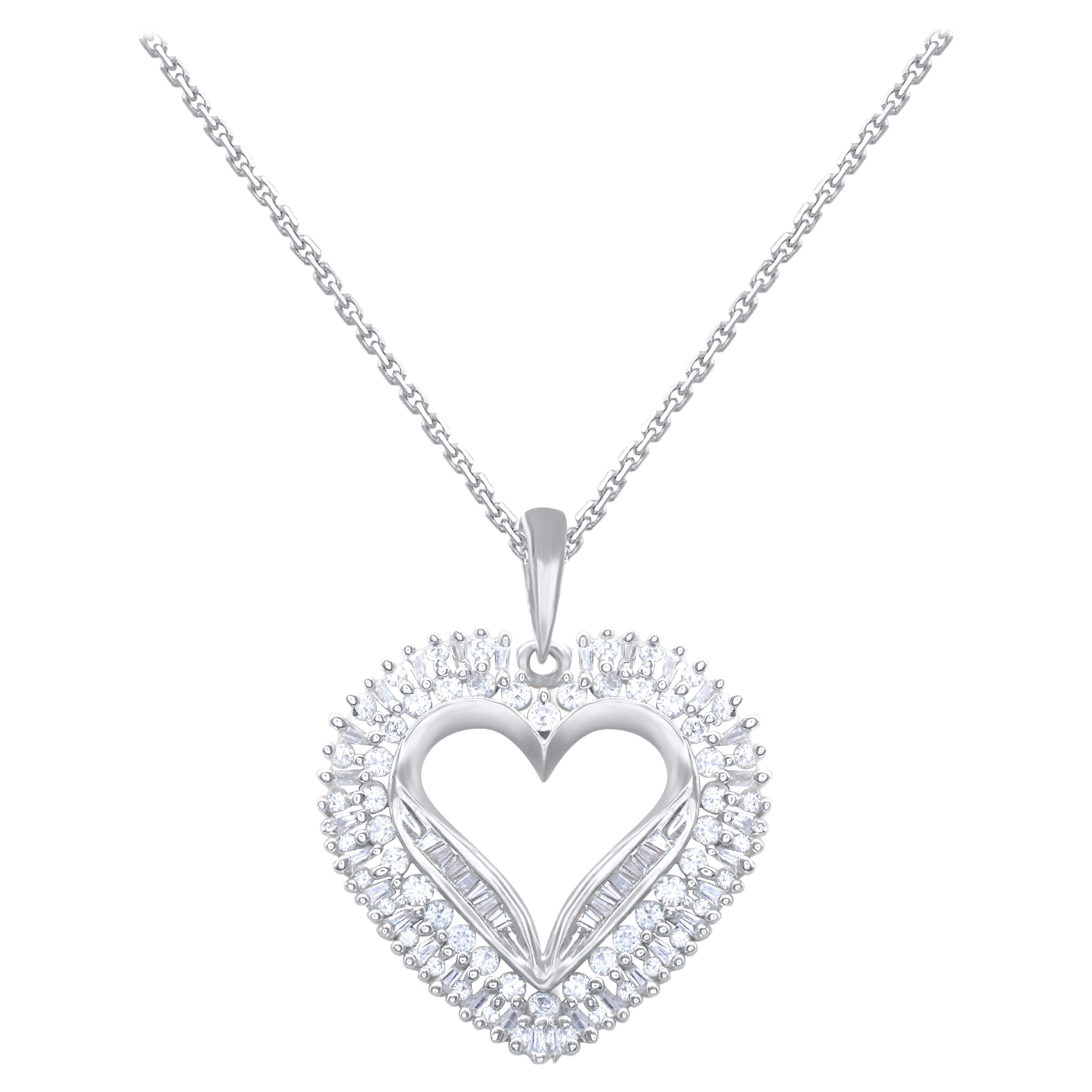 TJD 1.0 Carat Round & Baguette Diamond 14KT White Gold Heart Pendant Necklace