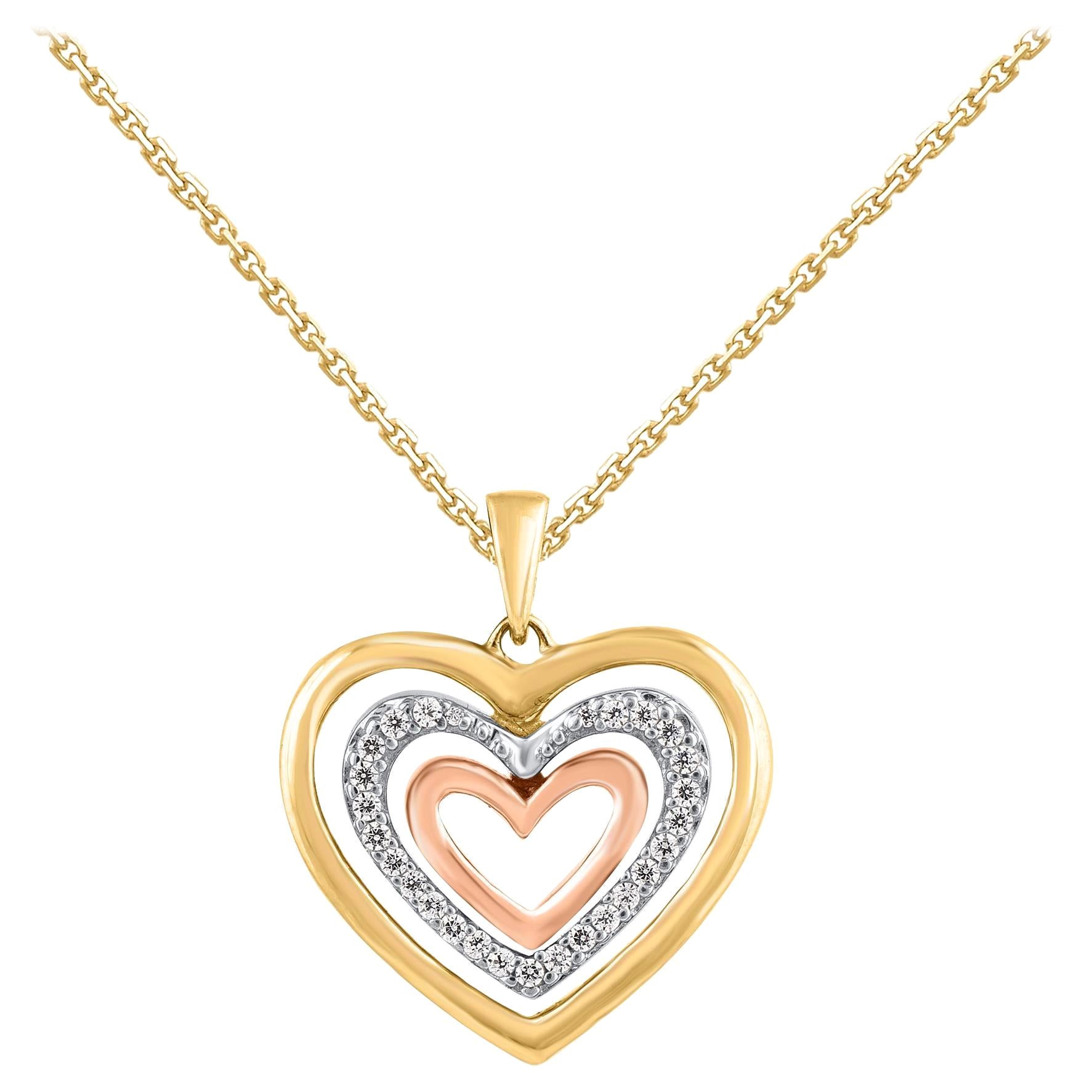 TJD Collar Colgante Corazón Diamante Redondo Natural 0,12 Quilates Oro 14 Kilates