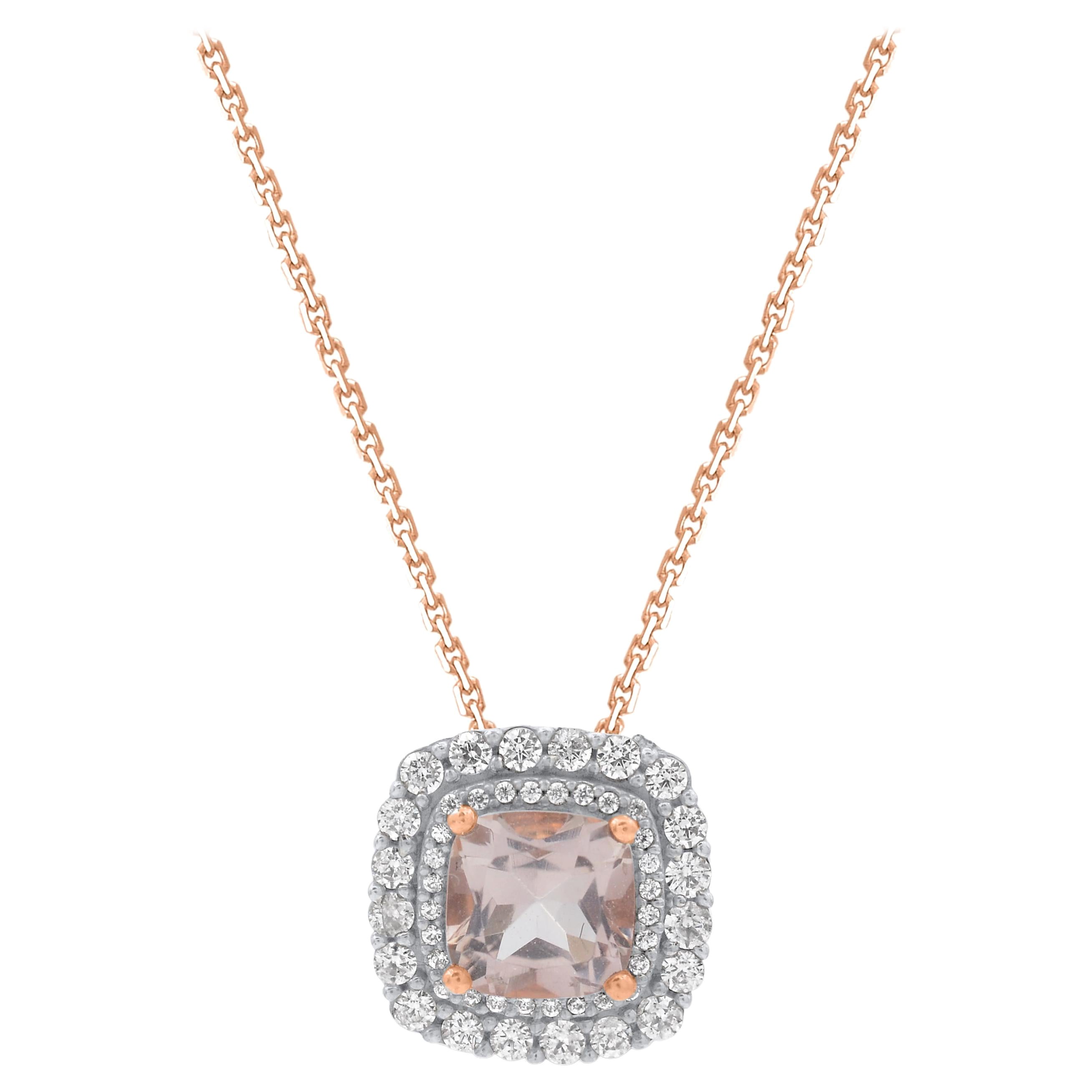 TJD 1.50 Carat Morganite & Diamond 14KT Gold Cushion Frame Halo Pendant Necklace