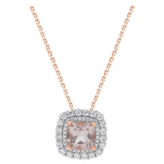 TJD 1.50 Carat Morganite & Diamond 14KT Gold Cushion Frame Halo Pendant Necklace