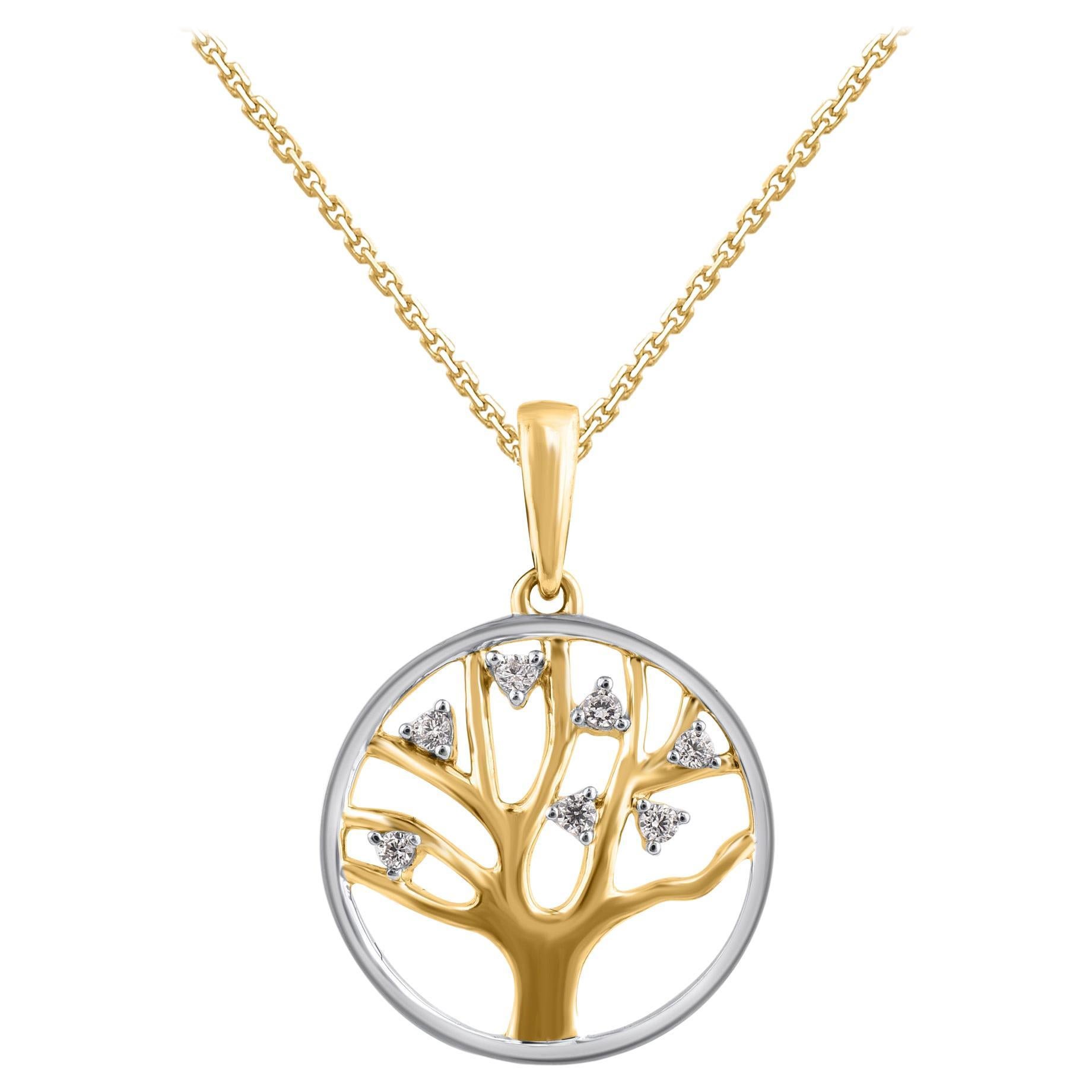 TJD 0,05 Carati Diamante Taglio Brillante 14KT Oro Bicolore Collana Albero della Vita