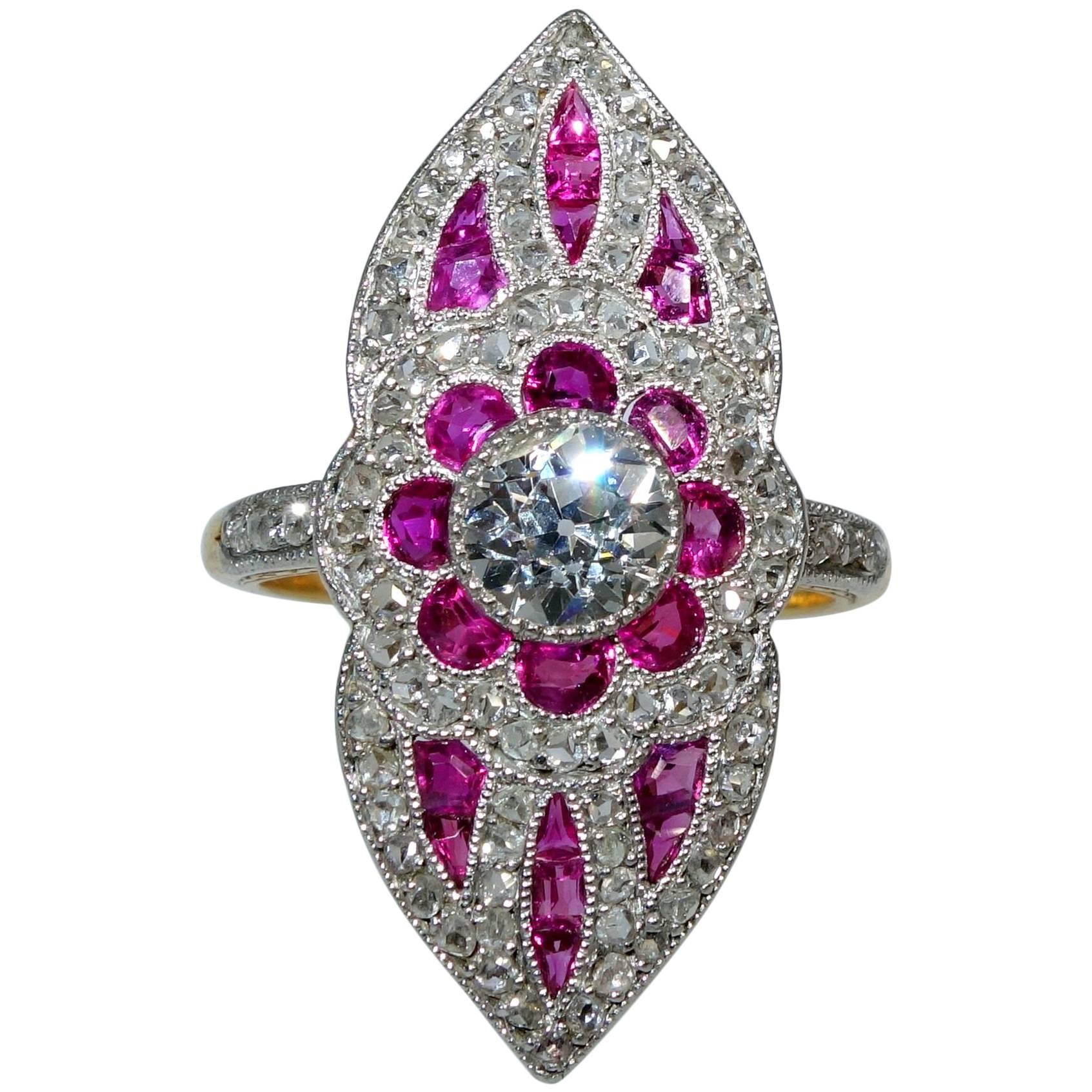 Antique Belle Époque French Ruby Diamond Gold Platinum Ring