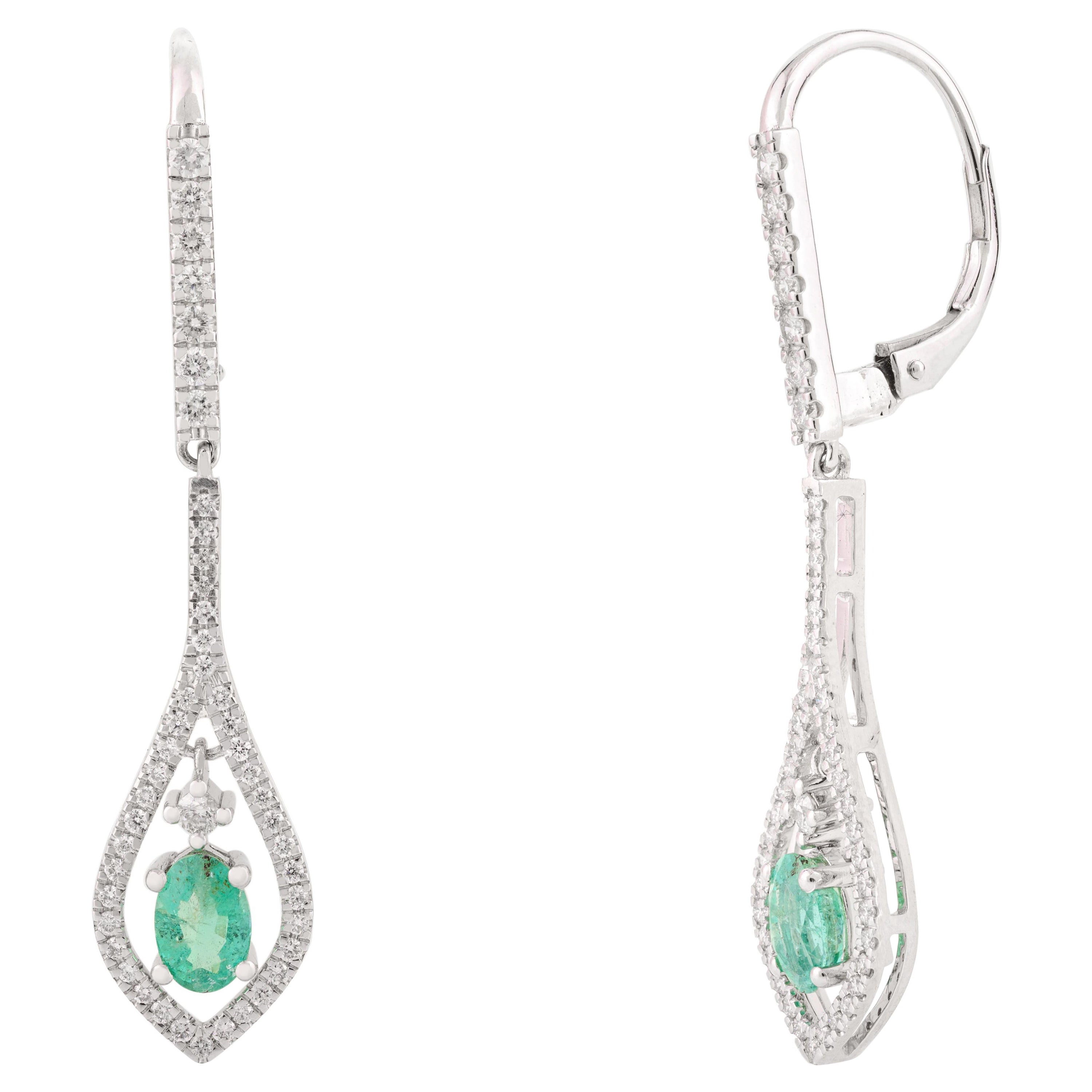 Art Nouveau Style Emerald Diamond Dangle Drop Earrings in 14k White Gold For Sale