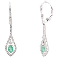 Art Nouveau Style Emerald Diamond Dangle Drop Earrings in 14k White Gold