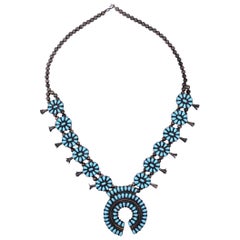 1950s - 1960s Sterling Silver Zuni Squash Blossom Natural Turquoise Necklace