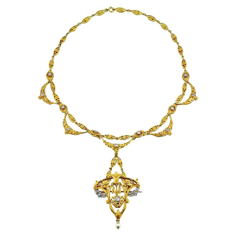 Jugendstil-Diamant-Gold-Anhänger-Halskette