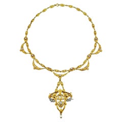 Antique Art Nouveau Diamond and Gold Pendant Necklace
