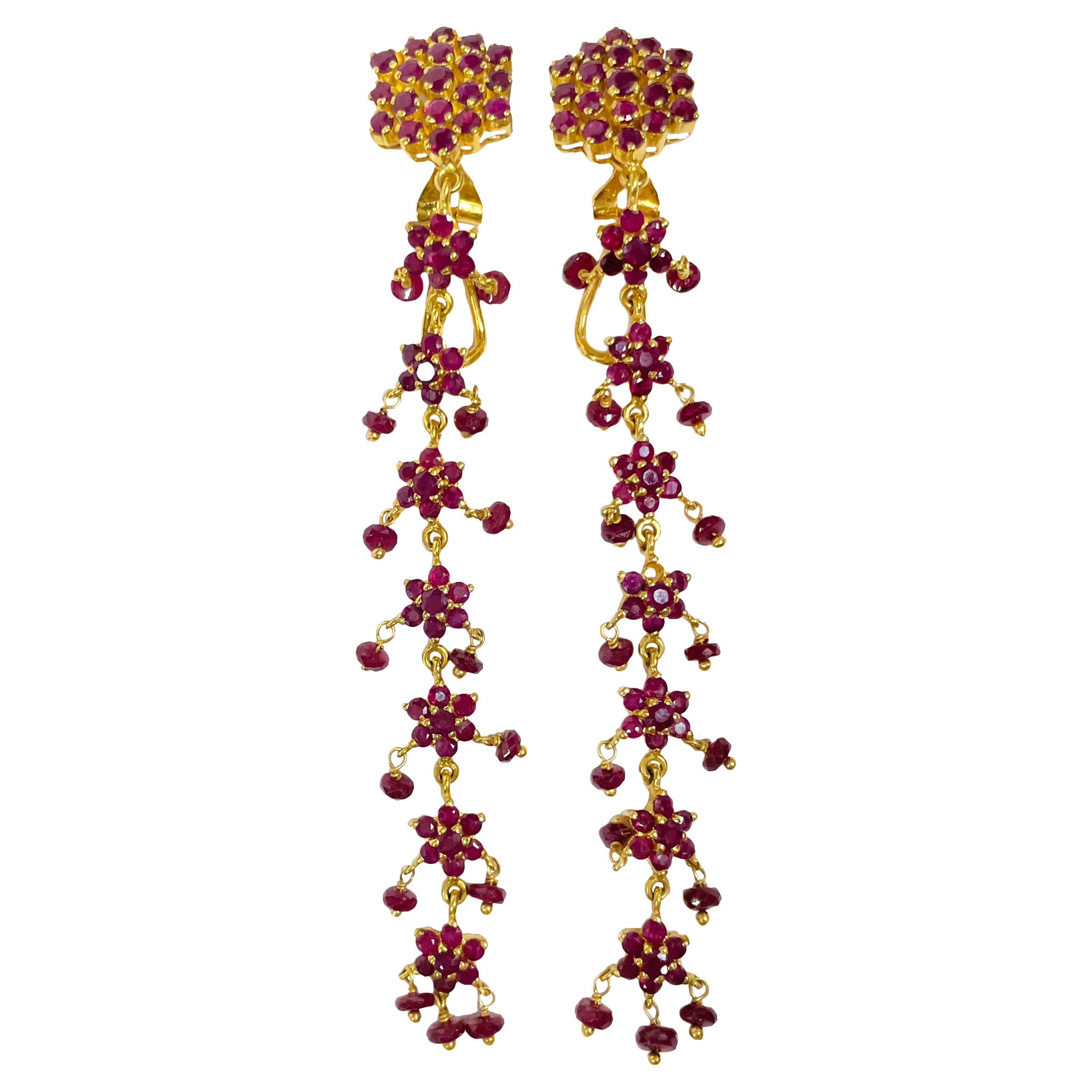 Yellow Gold Ruby Clip-On Dangle Earrings For Sale